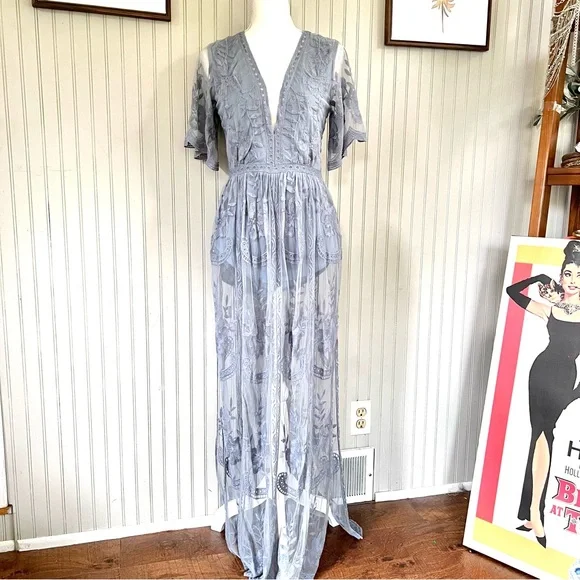 Socialite | Dresses | Socialite Lace Overlay Blue Maxi Romper | Poshmark